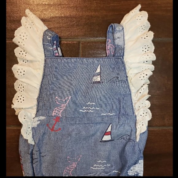 3/6 M Mudpie Blue Ruffle Ocean Sailboat Fish Bubble Romper Onesie - Picture 4 of 7